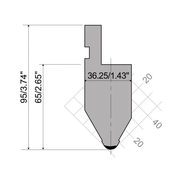 Bovengereedschap R1 A Eurostyle type met werkhoogte=65mm, α=60°, Radius=6mm, Gereedschapsstaal=C45, Max. cap