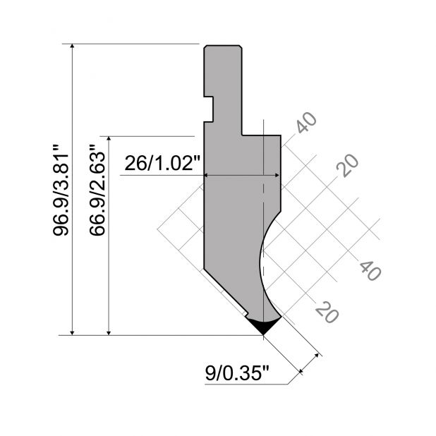 Bovengereedschap R1 A Eurostyle type met werkhoogte=66,9mm, α=88°, Radius=0,2mm, Gereedschapsstaal=C45, Max.