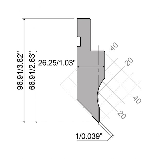 Bovengereedschap R1 A Eurostyle type met werkhoogte=66,91mm, α=90°, Radius=0,2mm, Gereedschapsstaal=C45, Max