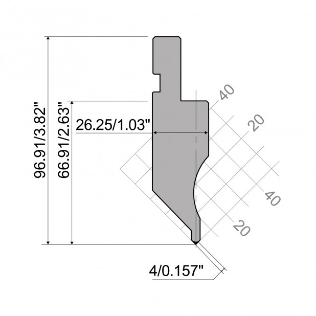 Bovengereedschap R1 A Eurostyle type met werkhoogte=66,91mm, α=88°, Radius=0,2mm, Gereedschapsstaal=C45, Max