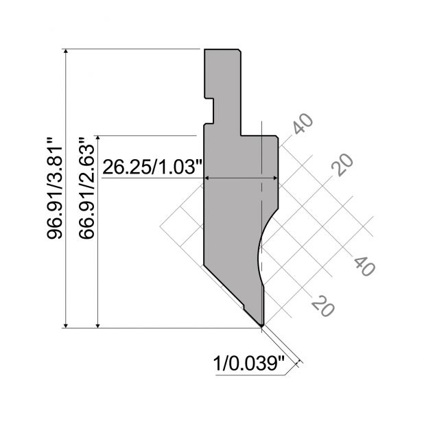 Bovengereedschap R1 A Eurostyle type met werkhoogte=94,74mm, α=90°, Radius=0,2mm, Gereedschapsstaal=C45, Max