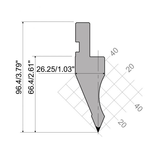 Bovengereedschap R1 A Eurostyle type met werkhoogte=66,4mm, α=45°, Radius=0,37mm, Gereedschapsstaal=C45, Max