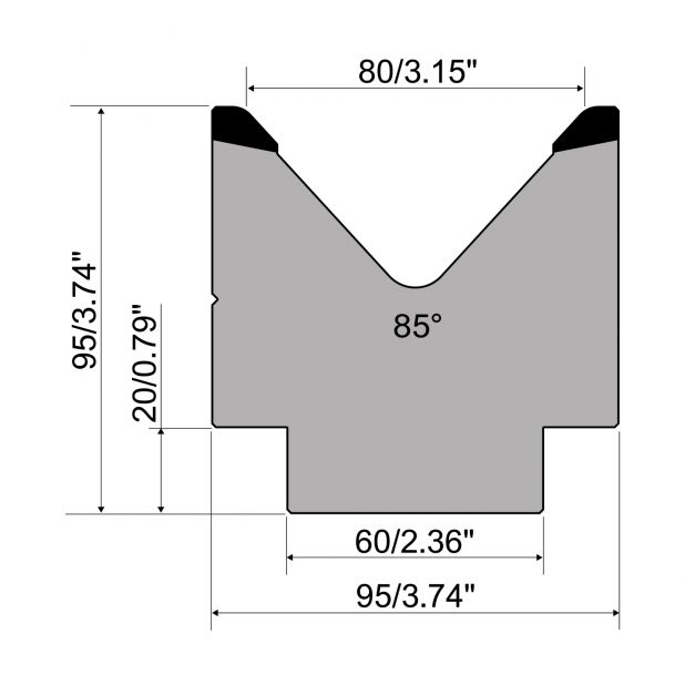 1-V Matrijs R1 A Eurostyle type met hoogte=95mm, α=85°, Radius=6mm, Gereedschapsstaal=C45, Max. capaciteit=7