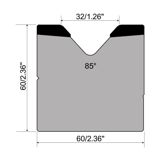 1-V Matrijs R1 A Eurostyle type met hoogte=60mm, α=85°, Radius=4mm, Gereedschapsstaal=C45, Max. capaciteit=1