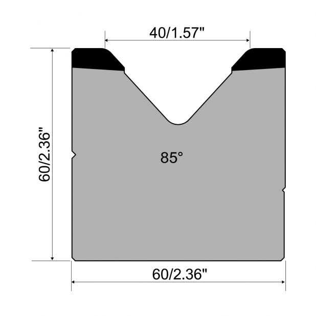 1-V Matrijs R1 A Eurostyle type met hoogte=60mm, α=85°, Radius=4mm, Gereedschapsstaal=C45, Max. capaciteit=1