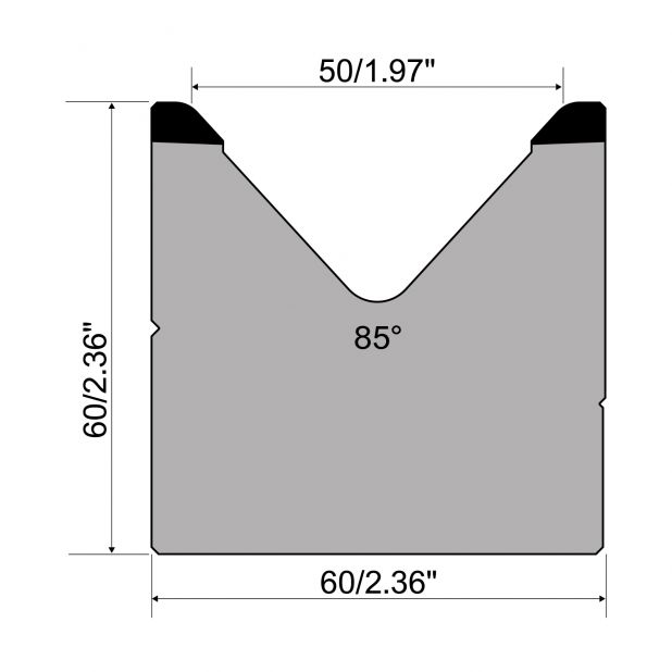 1-V Matrijs R1 A Eurostyle type met hoogte=60mm, α=85°, Radius=4mm, Gereedschapsstaal=C45, Max. capaciteit=1