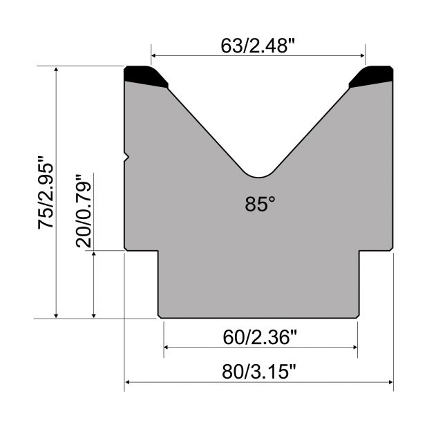 1-V Matrijs R1 A Eurostyle type met hoogte=75mm, α=85°, Radius=5mm, Gereedschapsstaal=C45, Max. capaciteit=1