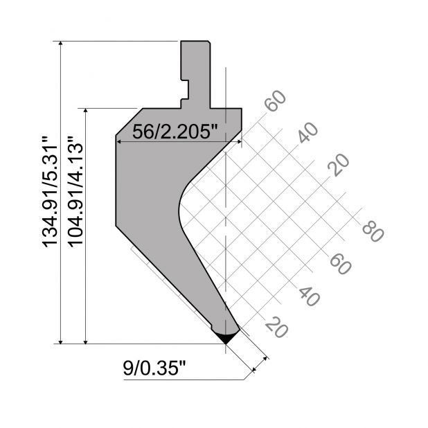 Bovengereedschap R1 A Eurostyle type met werkhoogte=104,91mm, α=90°, Radius=0,2mm, Gereedschapsstaal=42Cr, M