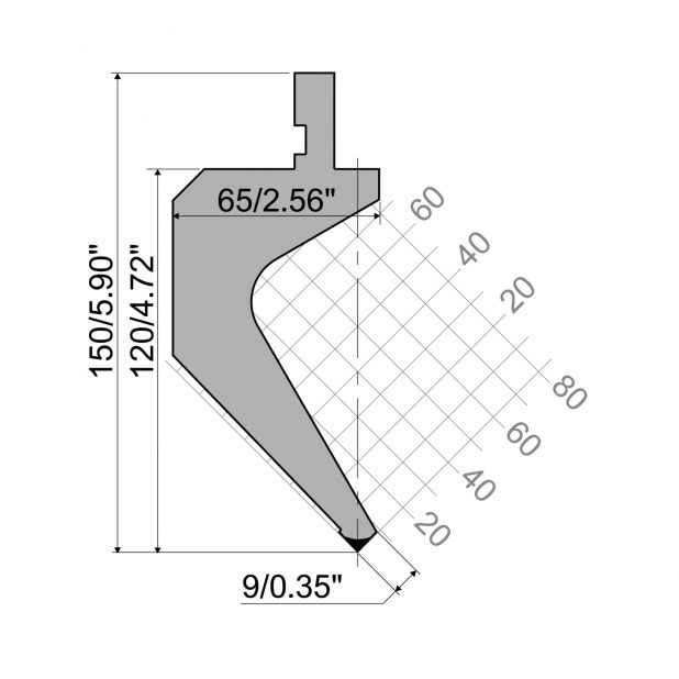 Bovengereedschap R1 A Eurostyle type met werkhoogte=120mm, α=90°, Radius=0,2mm, Gereedschapsstaal=42Cr, Max.