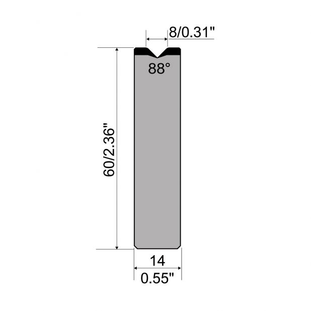 1-V Matrijs Centrisch R1 A Eurostyle type met hoogte=60mm, α=88°, Radius=1,5mm, Gereedschapsstaal=C45, Max.