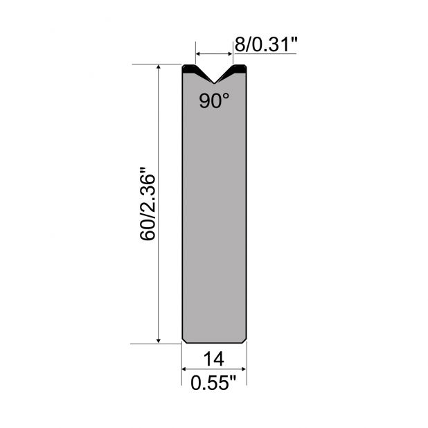 1-V Matrijs Centrisch R1 A Eurostyle type met hoogte=60mm, α=90°, Radius=1,5mm, Gereedschapsstaal=C45, Max.