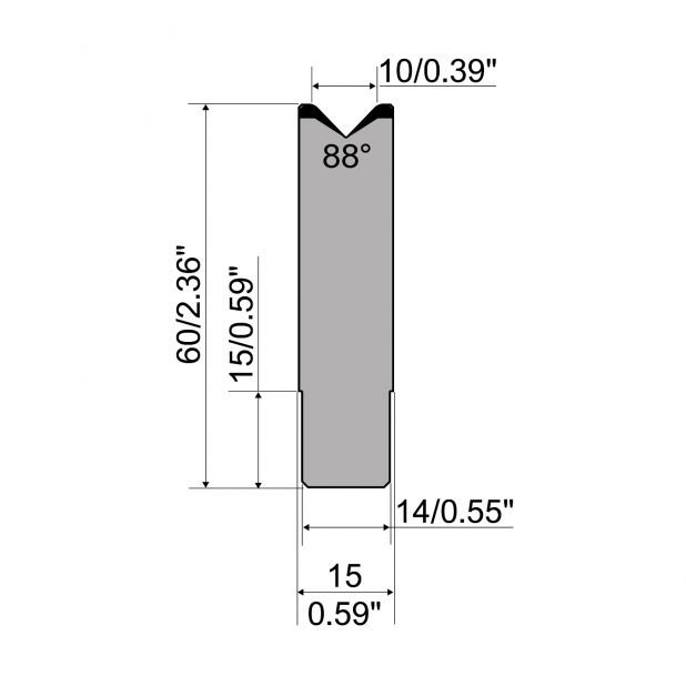 1-V Matrijs Centrisch R1 A Eurostyle type met hoogte=60mm, α=88°, Radius=2mm, Gereedschapsstaal=C45, Max. ca