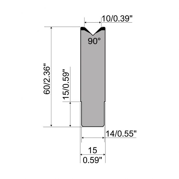 1-V Matrijs Centrisch R1 A Eurostyle type met hoogte=60mm, α=90°, Radius=2mm, Gereedschapsstaal=C45, Max. ca