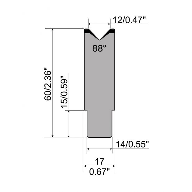 1-V Matrijs Centrisch R1 A Eurostyle type met hoogte=60mm, α=88°, Radius=2,5mm, Gereedschapsstaal=C45, Max.