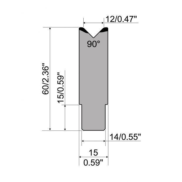 1-V Matrijs Centrisch R1 A Eurostyle type met hoogte=60mm, α=90°, Radius=2,5mm, Gereedschapsstaal=C45, Max.