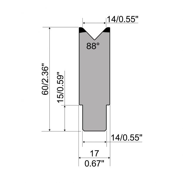 1-V Matrijs Centrisch R1 A Eurostyle type met hoogte=60mm, α=88°, Radius=2,5mm, Gereedschapsstaal=C45, Max.