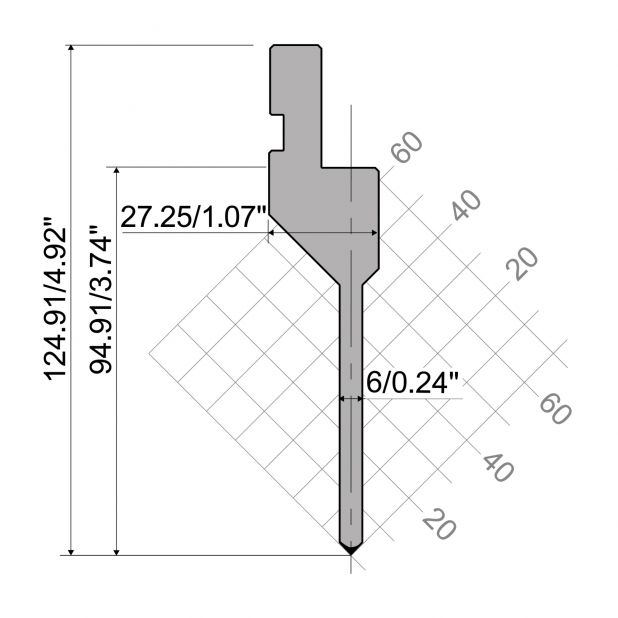 Bovengereedschap R1 A Eurostyle type met werkhoogte=94,91mm, α=90°, Radius=0,2mm, Gereedschapsstaal=42Cr, Ma