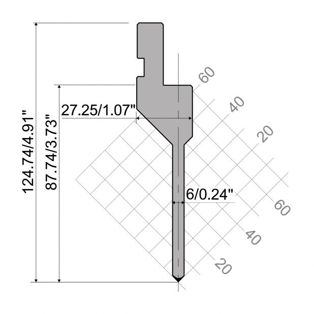 Bovengereedschap R1 A Eurostyle type met werkhoogte=94,74mm, α=88°, Radius=0,6mm, Gereedschapsstaal=42Cr, Ma