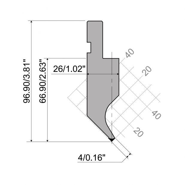 Bovengereedschap R1 A Eurostyle type met werkhoogte=66,9mm, α=90°, Radius=0,2mm, Gereedschapsstaal=42Cr, Max