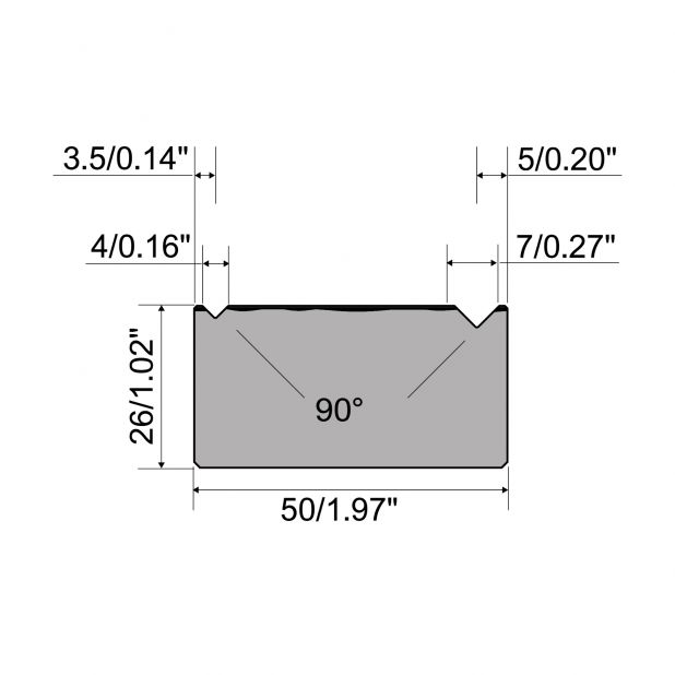 2-V Matrijs R1 A Eurostyle type met hoogte=26mm, α=90°, Radius=0,4mm, Gereedschapsstaal=C45, Max. capaciteit