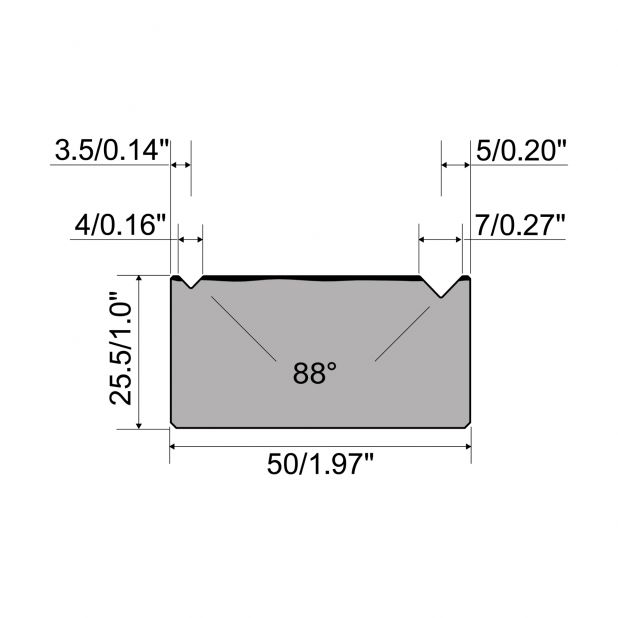 2-V Matrijs R1 A Eurostyle type met hoogte=25,5mm, α=88°, Radius=0mm, Gereedschapsstaal=C45, Max. capaciteit