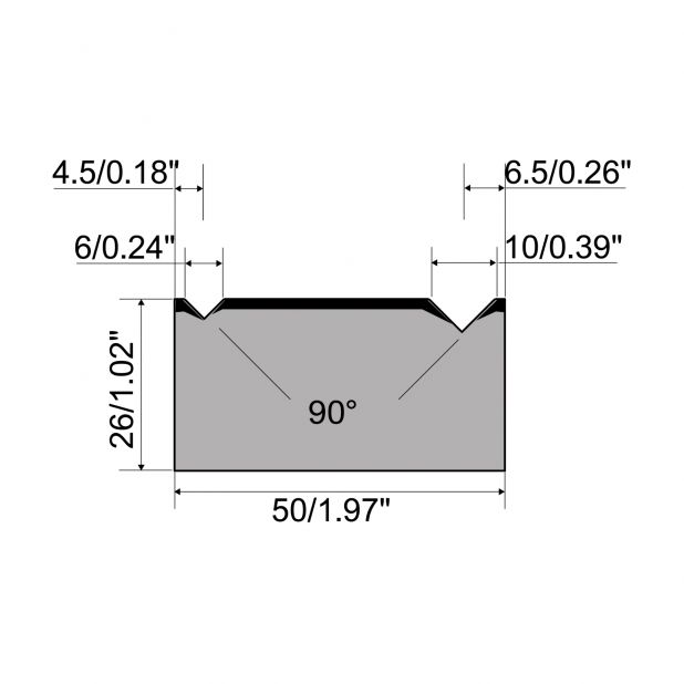 2-V Matrijs R1 A Eurostyle type met hoogte=26mm, α=90°, Radius=0.4/0.6mm, Gereedschapsstaal=C45, Max. capaci