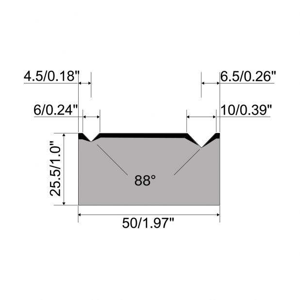 2-V Matrijs R1 A Eurostyle type met hoogte=25,5mm, α=88°, Radius=0.4/0.6mm, Gereedschapsstaal=C45, Max. capa