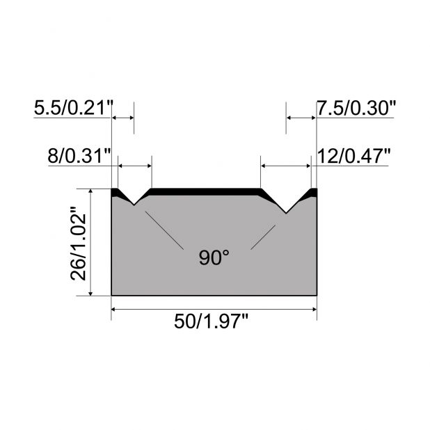 2-V Matrijs R1 A Eurostyle type met hoogte=26mm, α=90°, Radius=0.5/0.8mm, Gereedschapsstaal=C45, Max. capaci