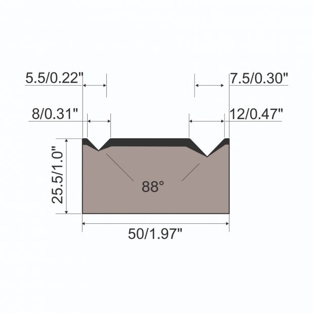 2-V Matrijs R1 A Eurostyle type met hoogte=25,5mm, α=88°, Radius=0.5/0.8mm, Gereedschapsstaal=C45, Max. capa