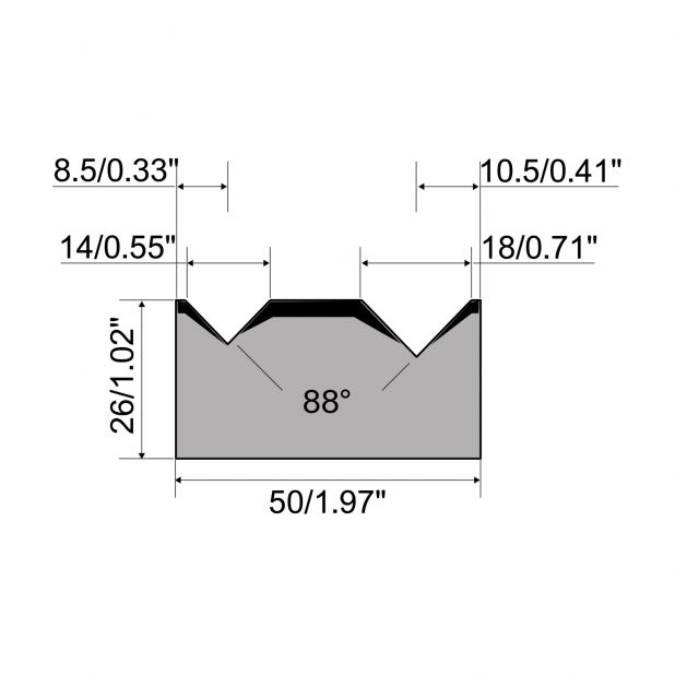 2-V Matrijs R1 A Eurostyle type met hoogte=26mm, α=88°, Radius=0,5mm, Gereedschapsstaal=C45, Max. capaciteit