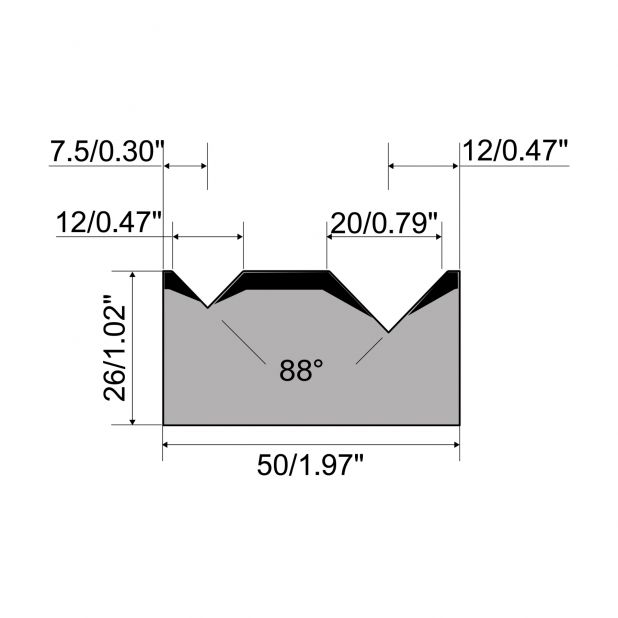 2-V Matrijs R1 A Eurostyle type met hoogte=26mm, α=88°, Radius=0,5mm, Gereedschapsstaal=C45, Max. capaciteit