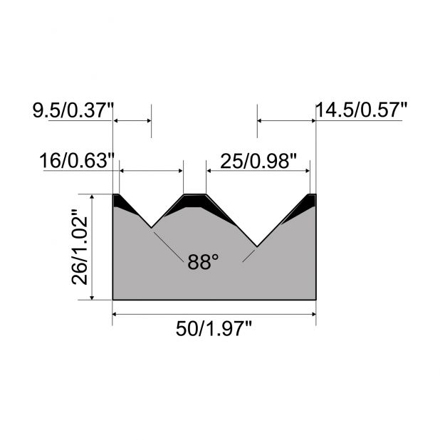 2-V Matrijs R1 A Eurostyle type met hoogte=26mm, α=88°, Radius=0,8mm, Gereedschapsstaal=C45, Max. capaciteit