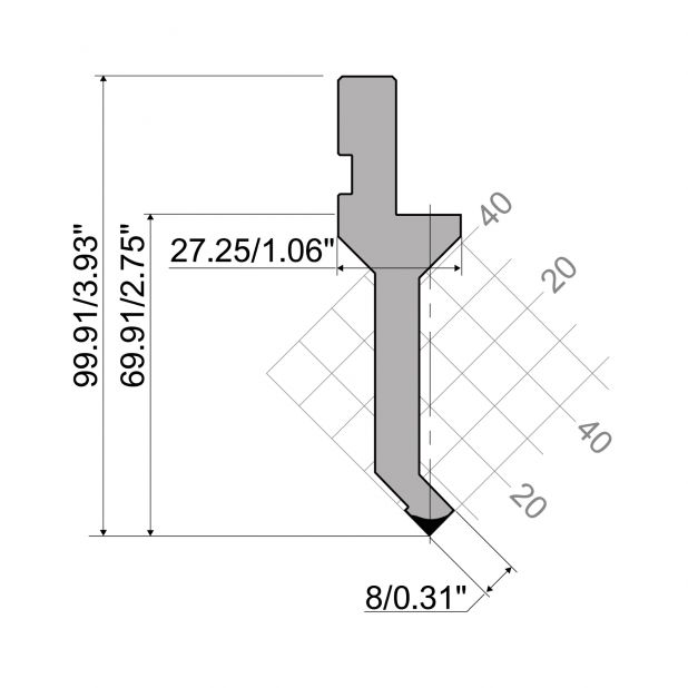 Bovengereedschap R1 A Eurostyle type met werkhoogte=69,91mm, α=88°, Radius=0,2mm, Gereedschapsstaal=42Cr, Ma