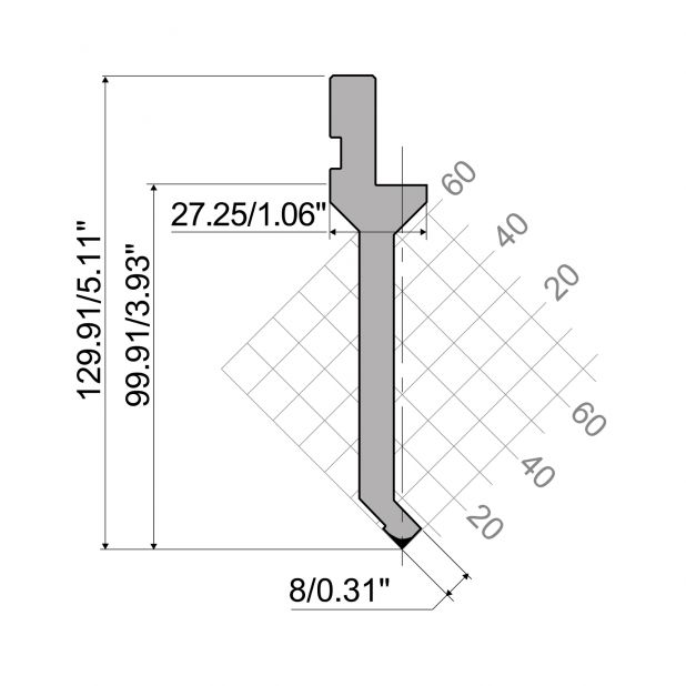 Bovengereedschap R1 A Eurostyle type met werkhoogte=99,91mm, α=88°, Radius=0,2mm, Gereedschapsstaal=42Cr, Ma