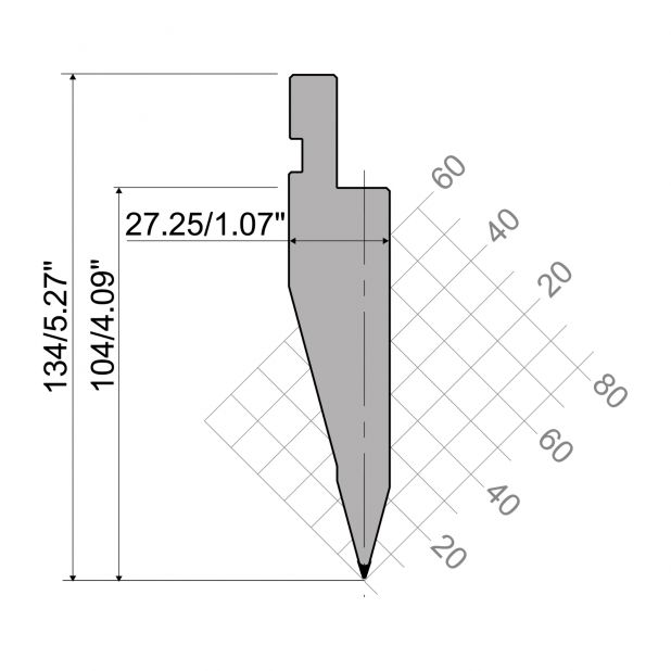 Bovengereedschap R1 A Eurostyle type met werkhoogte=104mm, α=30°, Radius=0,65mm, Gereedschapsstaal=C45, Max.