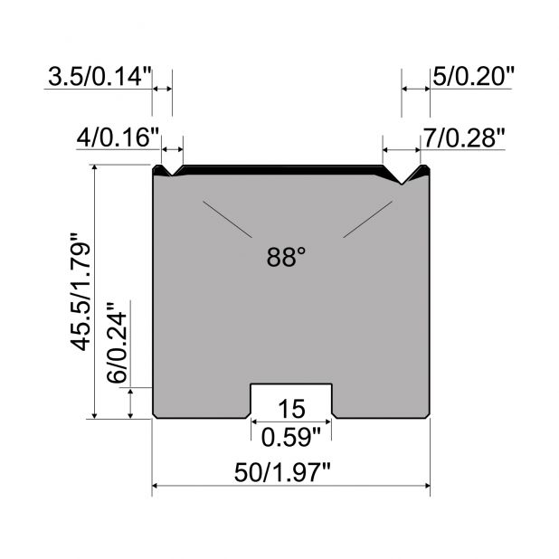 2-V Matrijs Centrisch R1 A Eurostyle type met hoogte=45,5mm, α=88°, Radius=0.4/0.6mm, Gereedschapsstaal=C45,