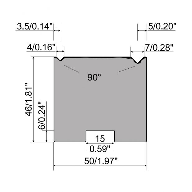2-V Matrijs Centrisch R1 A Eurostyle type met hoogte=46mm, α=90°, Radius=0,4mm, Gereedschapsstaal=C45, Max.