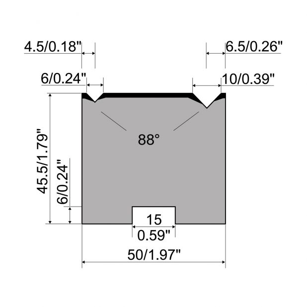 2-V Matrijs Centrisch R1 A Eurostyle type met hoogte=45,5mm, α=88°, Radius=0,4mm, Gereedschapsstaal=C45, Max