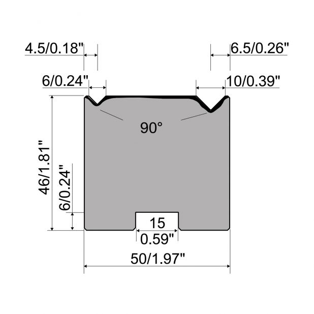 2-V Matrijs Centrisch R1 A Eurostyle type met hoogte=46mm, α=9°, Radius=0./0.6mm, Gereedschapsstaal=C45, Max