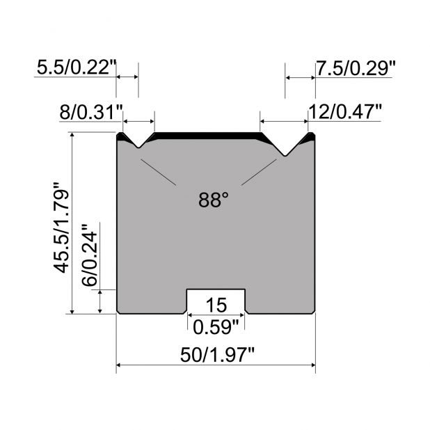 2-V Matrijs Centrisch R1 A Eurostyle type met hoogte=45,5mm, α=88°, Radius=0.5/0.8mm, Gereedschapsstaal=C45,