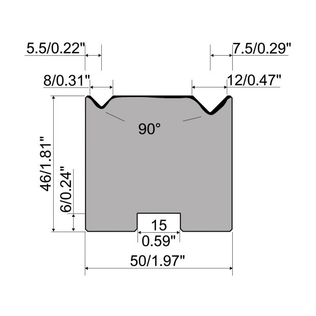 2-V Matrijs Centrisch R1 A Eurostyle type met hoogte=46mm, α=90°, Radius=0.5/0.8mm, Gereedschapsstaal=C45, M