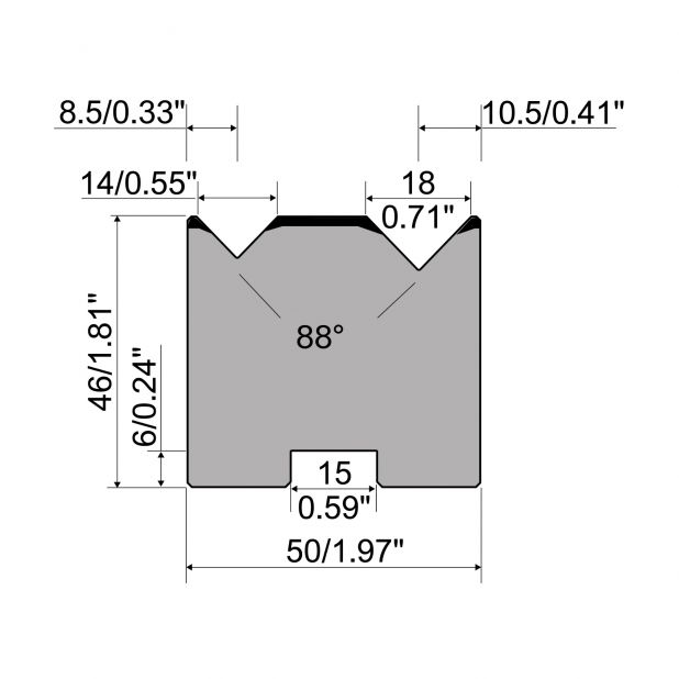 2-V Matrijs Centrisch R1 A Eurostyle type met hoogte=46mm, α=88°, Radius=0,5mm, Gereedschapsstaal=C45, Max.