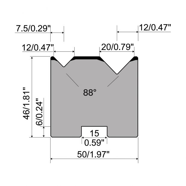 2-V Matrijs Centrisch R1 A Eurostyle type met hoogte=46mm, α=88°, Radius=0,5mm, Gereedschapsstaal=C45, Max.