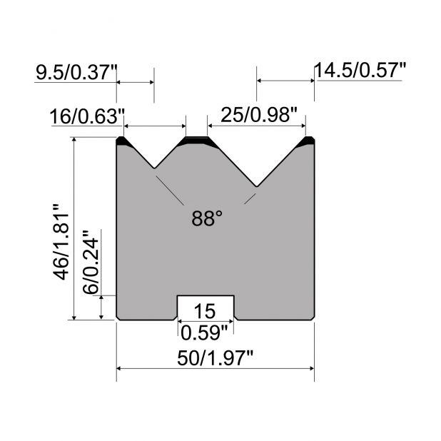 2-V Matrijs Centrisch R1 A Eurostyle type met hoogte=46mm, α=88°, Radius=0,8mm, Gereedschapsstaal=C45, Max.