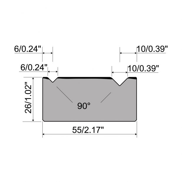 2-V Matrijs R1 A Eurostyle type met hoogte=26mm, α=90°, Radius=1.5/2.5mm, Gereedschapsstaal=C45, Max. capaci