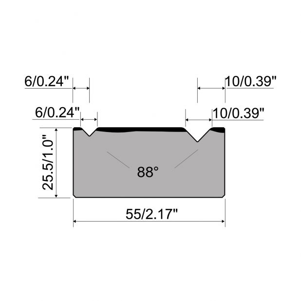 2-V Matrijs R1 A Eurostyle type met hoogte=25,5mm, α=88°, Radius=1.5/2.5mm, Gereedschapsstaal=C45, Max. capa