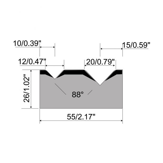 2-V Matrijs R1 A Eurostyle type met hoogte=26mm, α=88°, Radius=3.0/4mm, Gereedschapsstaal=C45, Max. capacite