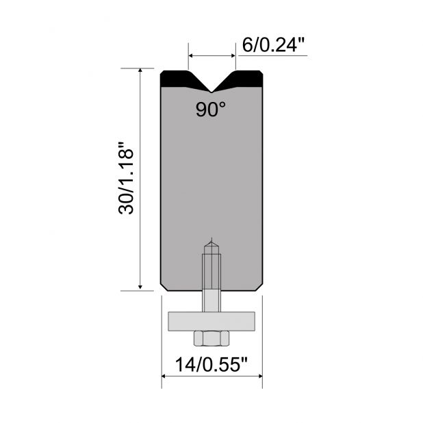 1-V Matrijs Centrisch R1 A Eurostyle type met hoogte=30mm, α=90°, Radius=1,5mm, Gereedschapsstaal=C45, Max.