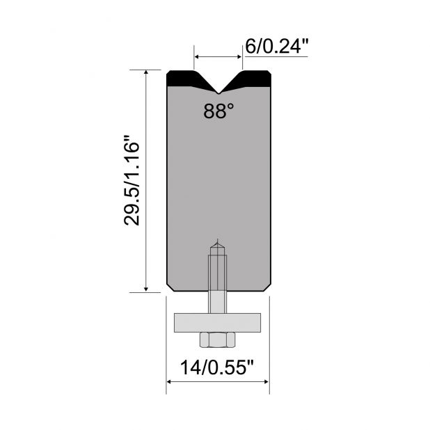 1-V Matrijs Centrisch R1 A Eurostyle type met hoogte=30mm, α=88°, Radius=1,5mm, Gereedschapsstaal=C45, Max.