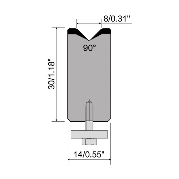 1-V Matrijs Centrisch R1 A Eurostyle type met hoogte=30mm, α=90°, Radius=1,5mm, Gereedschapsstaal=C45, Max.